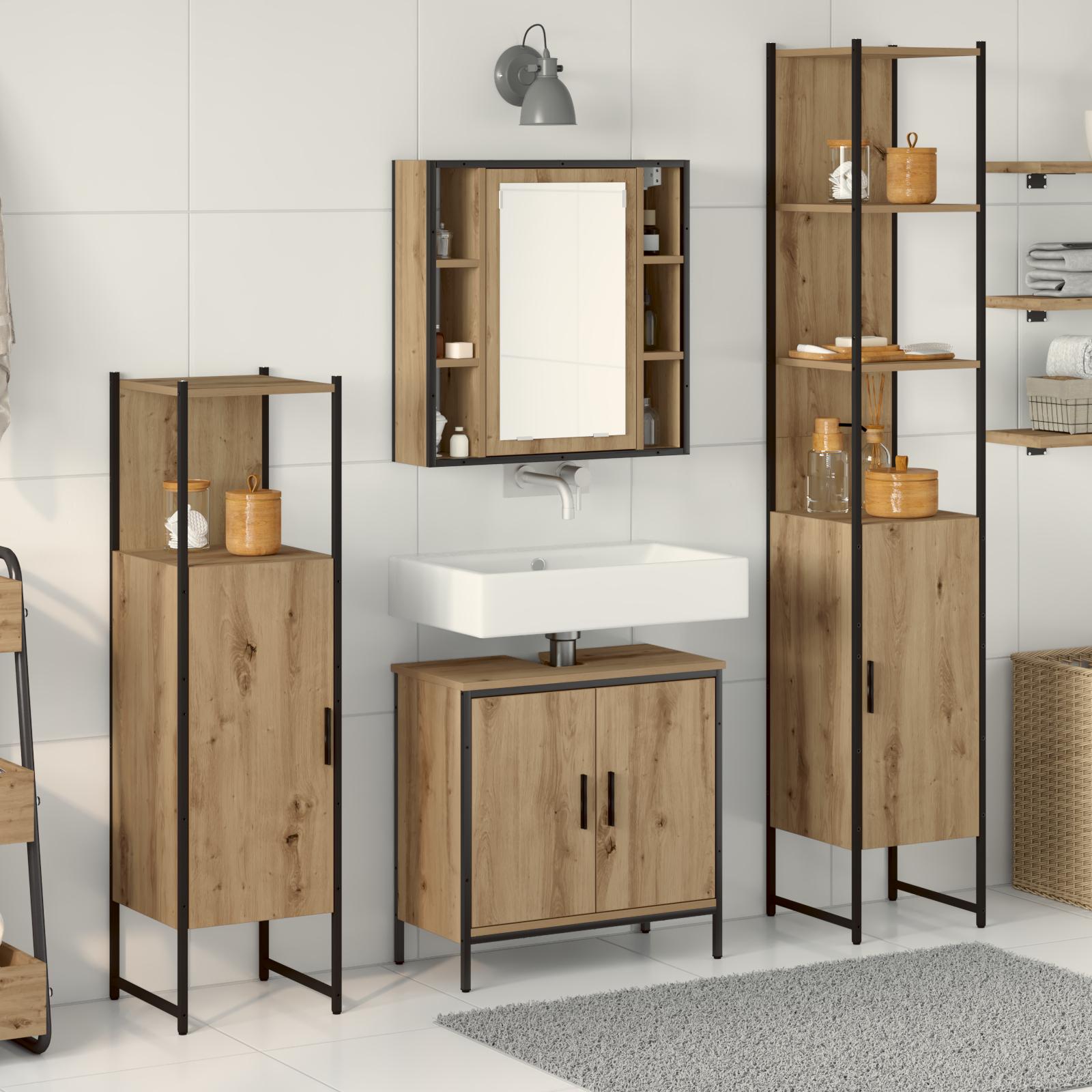 Badeværelsesmøbel Sæt Med Hylde 4 Dele Brun 33 X 33 X 185.5 Cm