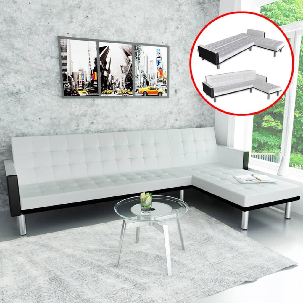 Sovesofa med chaiselong kunstlæder hvid og sort