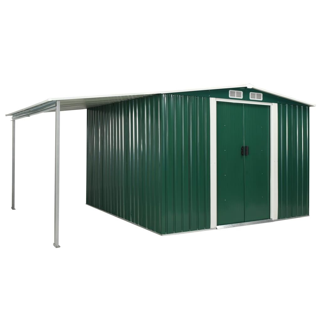 Haveskur med skydedøre 386 x 259 x 178 cm stål grøn
