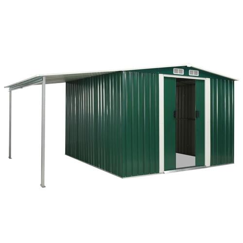 Haveskur med skydedøre 386 x 259 x 178 cm stål grøn