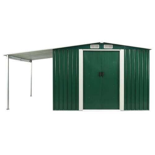 Haveskur med skydedøre 386 x 259 x 178 cm stål grøn