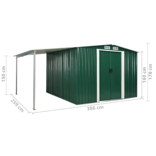 Haveskur med skydedøre 386 x 259 x 178 cm stål grøn