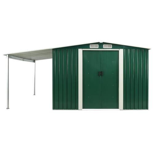 Haveskur med skydedøre 386 x 312 x 178 cm stål grøn