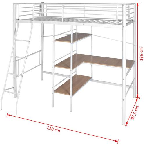 Loftseng med skrivebord hvid og brun metal 90 x 200 cm