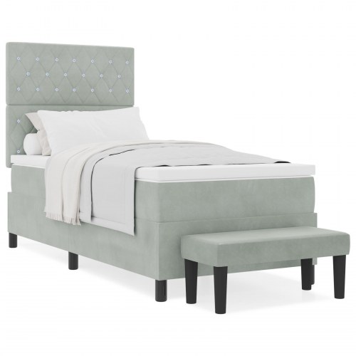 Box Spring Seng med Madras & Bænk Lys Grå 90x190 cm Fløjl