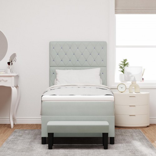 Box Spring Seng med Madras & Bænk Lys Grå 90x190 cm Fløjl
