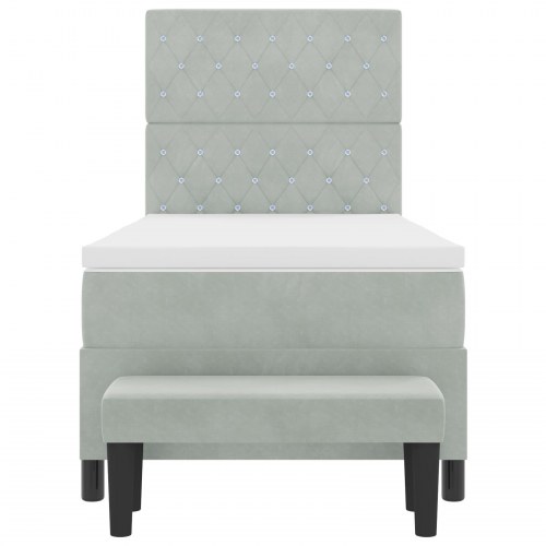 Box Spring Seng med Madras & Bænk Lys Grå 90x190 cm Fløjl