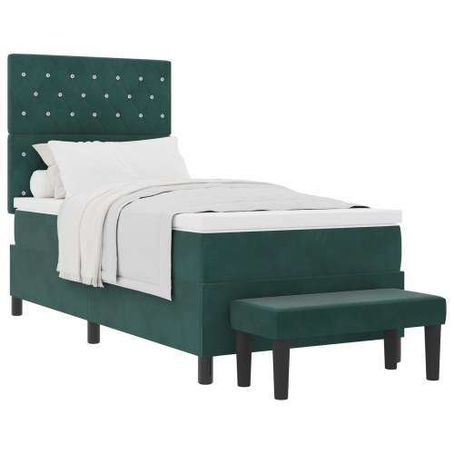 Box Spring Seng med Madras & Bænk Mørkegrøn 90x190 cm Fløjl