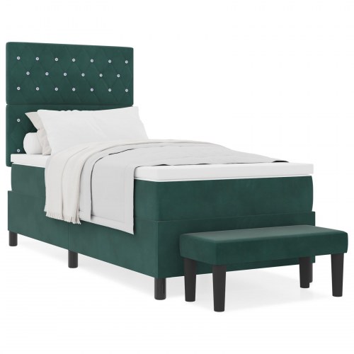 Box Spring Seng med Madras & Bænk Mørkegrøn 90x190 cm Fløjl