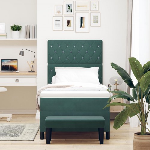 Box Spring Seng med Madras & Bænk Mørkegrøn 90x190 cm Fløjl