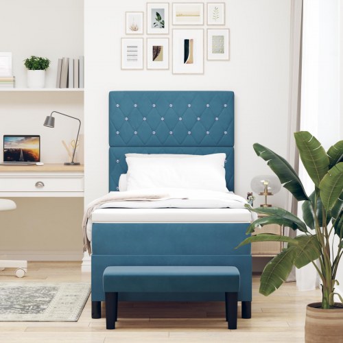Box Spring Seng med Madras & Bænk Mørkeblå 90x200 cm Fløjl