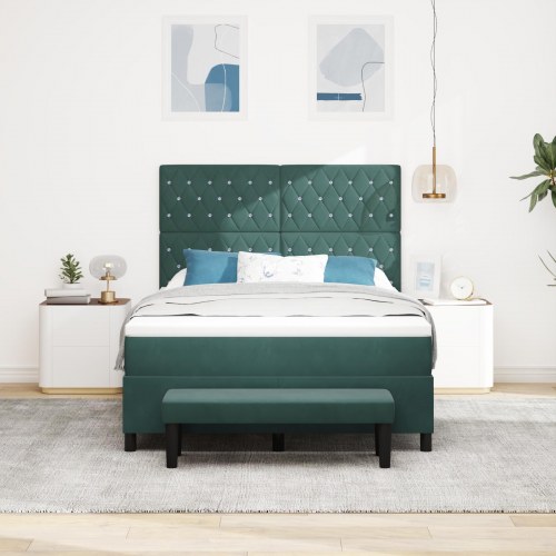 Boxspring Seng med Madrass & Bænk Mørkegrøn 140x190 cm Fløjl