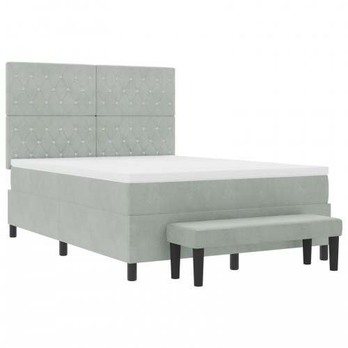 Box Spring Seng med Madras & Bænk Lysegrå 140x200 cm Fløjl