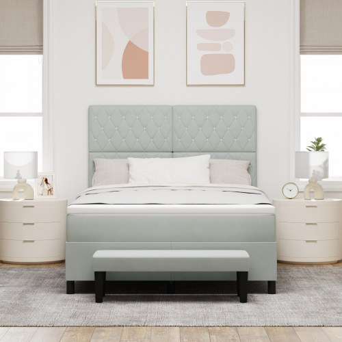 Box Spring Seng med Madrass & Bænk Lys Grå 160x200 cm Fløjl