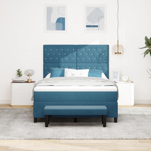 Box Spring Seng med Madras & Bænk Mørk Blå 160x200 cm Velour