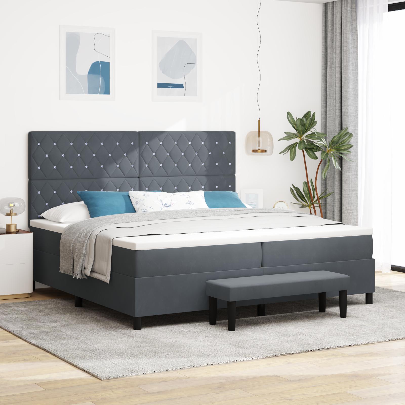 Boxspring seng med madras & bænk mørkegrå 200x200 cm fløjl
