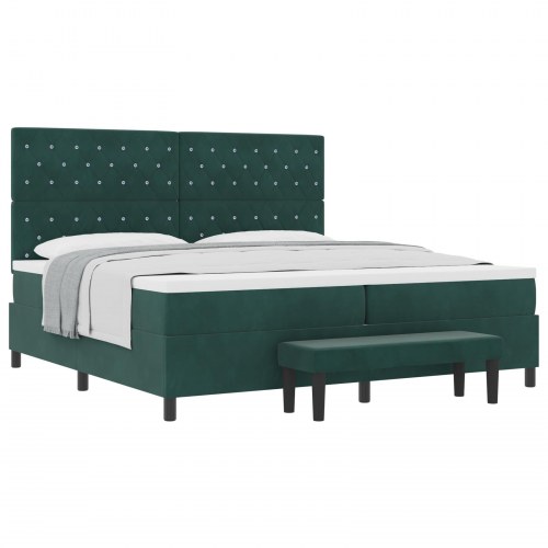 Box Spring Seng med Madrass & Bænk Mørkegrøn 200x200 cm Fløjl