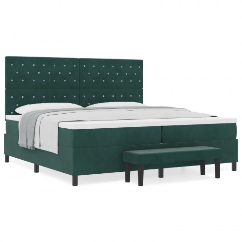Box Spring Seng med Madrass & Bænk Mørkegrøn 200x200 cm Fløjl