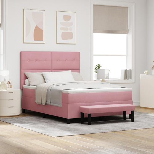 Box Spring Seng med Madras & Bænk Lyserød 140x190 cm Fløjl