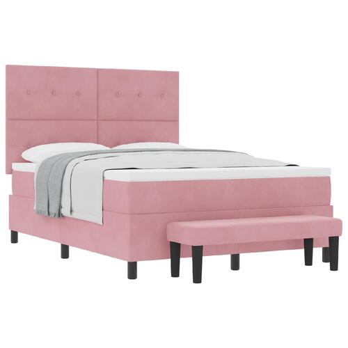 Box Spring Seng med Madras & Bænk Lyserød 140x190 cm Fløjl