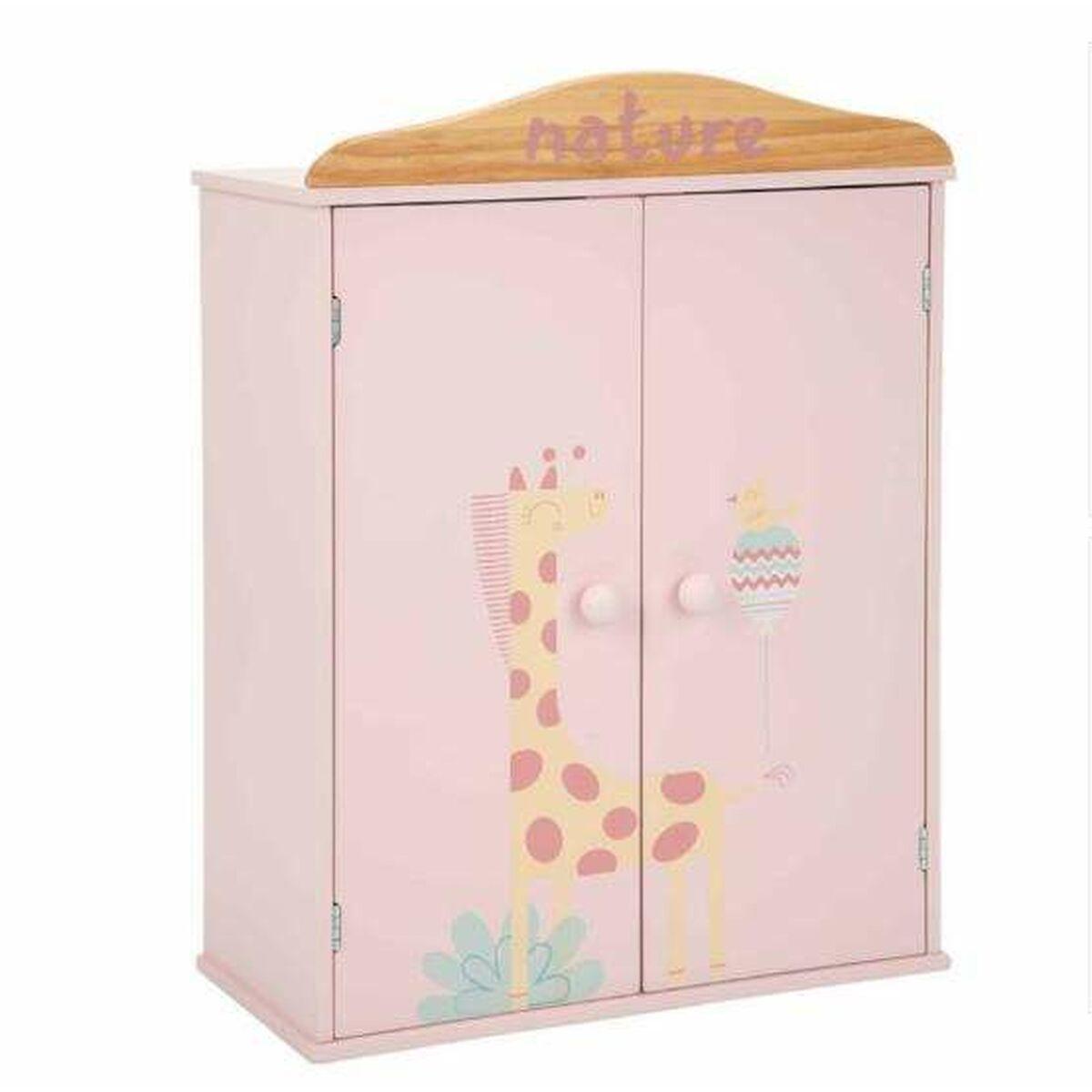 Arias medinė lėlių rūbelių spinta su pakabomis, rožinė su gyvūnais vaikams