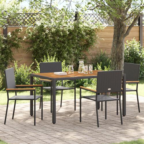 5 Dels Have Spisesæt Sort Polyrattan, Stablende Have Stole med Hynder - 2 Dels Sæt i Sort Polyrattan