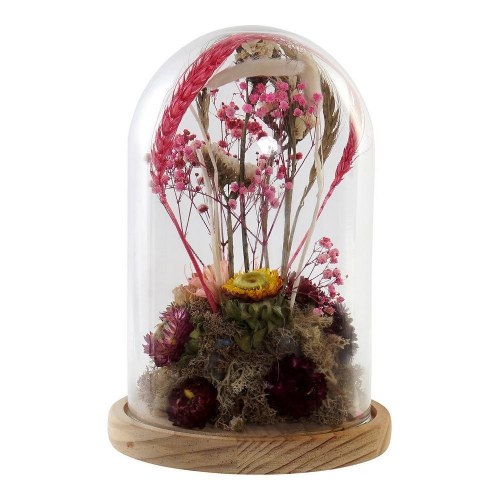 Dekorativ glasklokke med tørrede blomster - krystal og træ MDF, 17 x 17 x 26 cm, natur