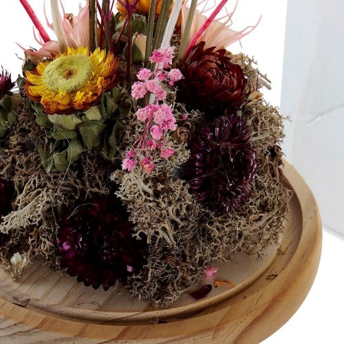 Dekorativ glasklokke med tørrede blomster - krystal og træ MDF, 17 x 17 x 26 cm, natur