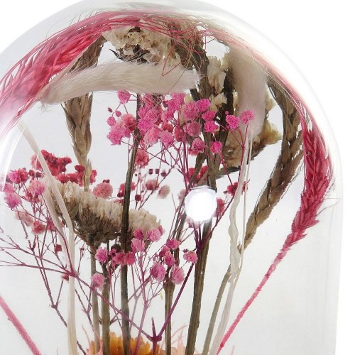 Dekorativ glasklokke med tørrede blomster - krystal og træ MDF, 17 x 17 x 26 cm, natur