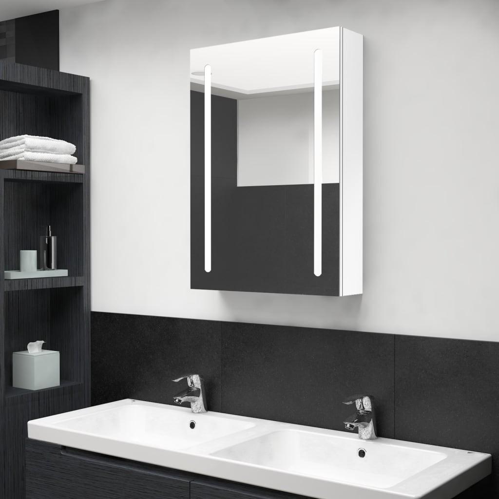 Badeværelsesskab med spejl + LED-lys 50x13x70 cm skinnende hvid
