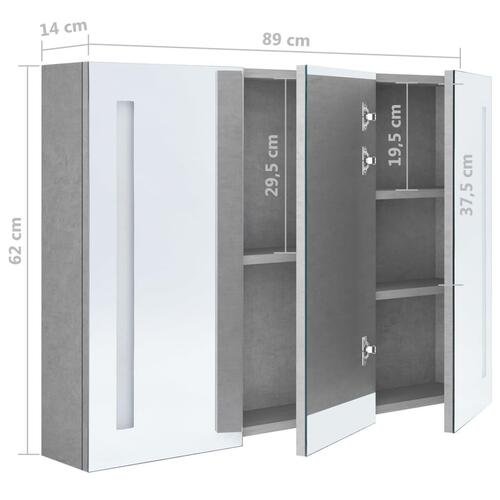 Badeværelsesskab med spejl + LED-lys 89x14x62 cm betongrå