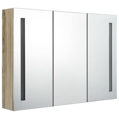 Badeværelsesskab med spejl + LED-lys 89x14x62 cm egetræsfarvet