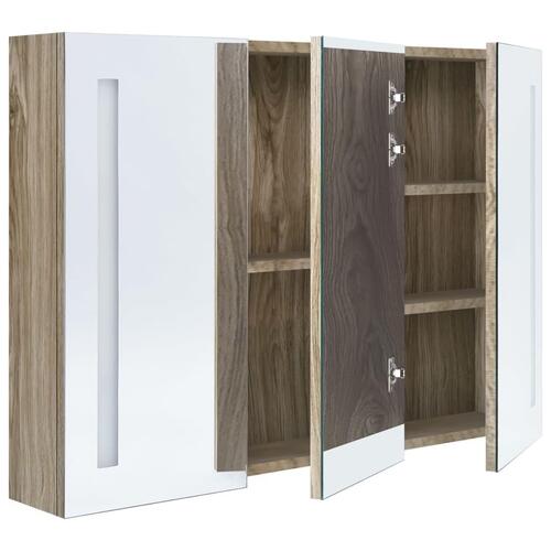 Badeværelsesskab med spejl + LED-lys 89x14x62 cm egetræsfarvet
