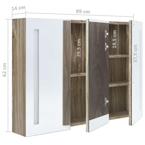 Badeværelsesskab med spejl + LED-lys 89x14x62 cm egetræsfarvet