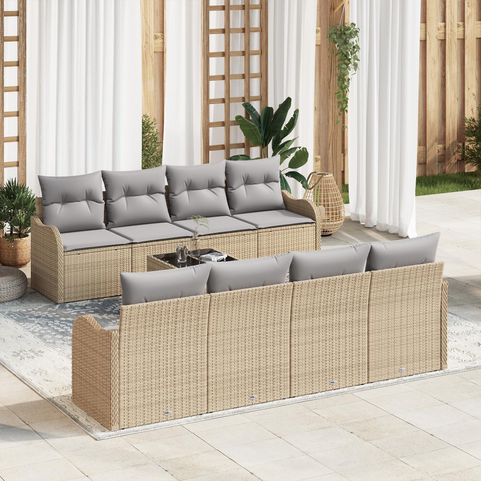 9-delt havesofa sæt med puder beige polyrattan,  2-personers havesofa med puder beige polyrattan