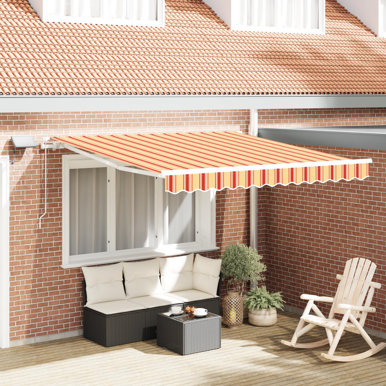 Udtrækkelig markise - gul og orange striber 350 × 250 cm med solcelledrevet LED billede