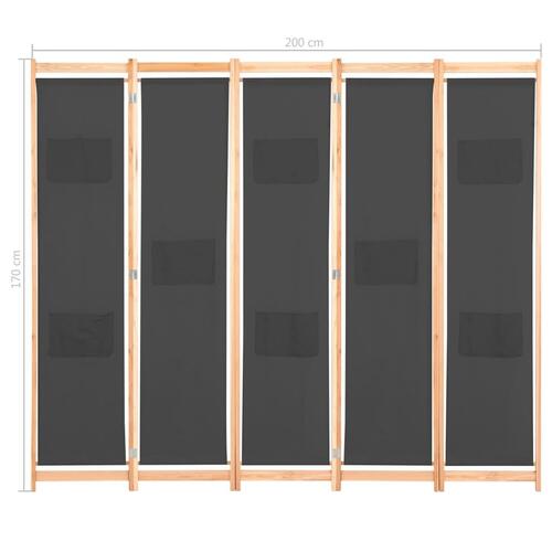 5-panelers rumdeler 200 x 170 x 4 cm stof grå