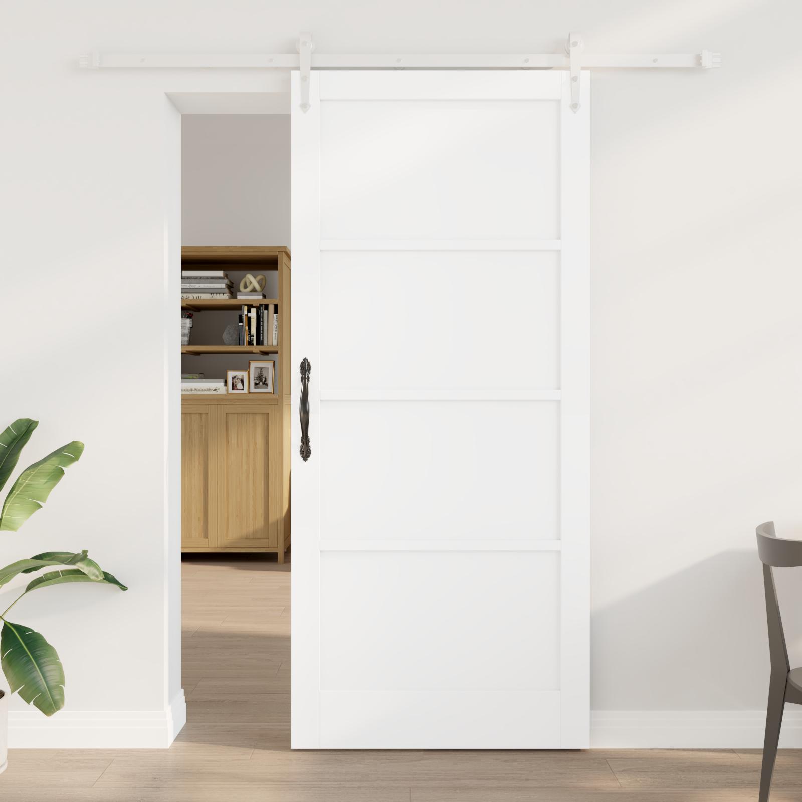 Glidende dør med hardware sæt Hvid 93x211 cm Solid træ Fyrretræ, indvendig dør "ORKDAL" Hvid 93x211x4 cm Solid træ Fyrretræ