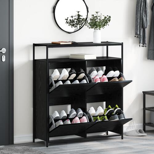 Skoskab med 4 Flip-Skuffer Sort Eg 100x34x112 cm