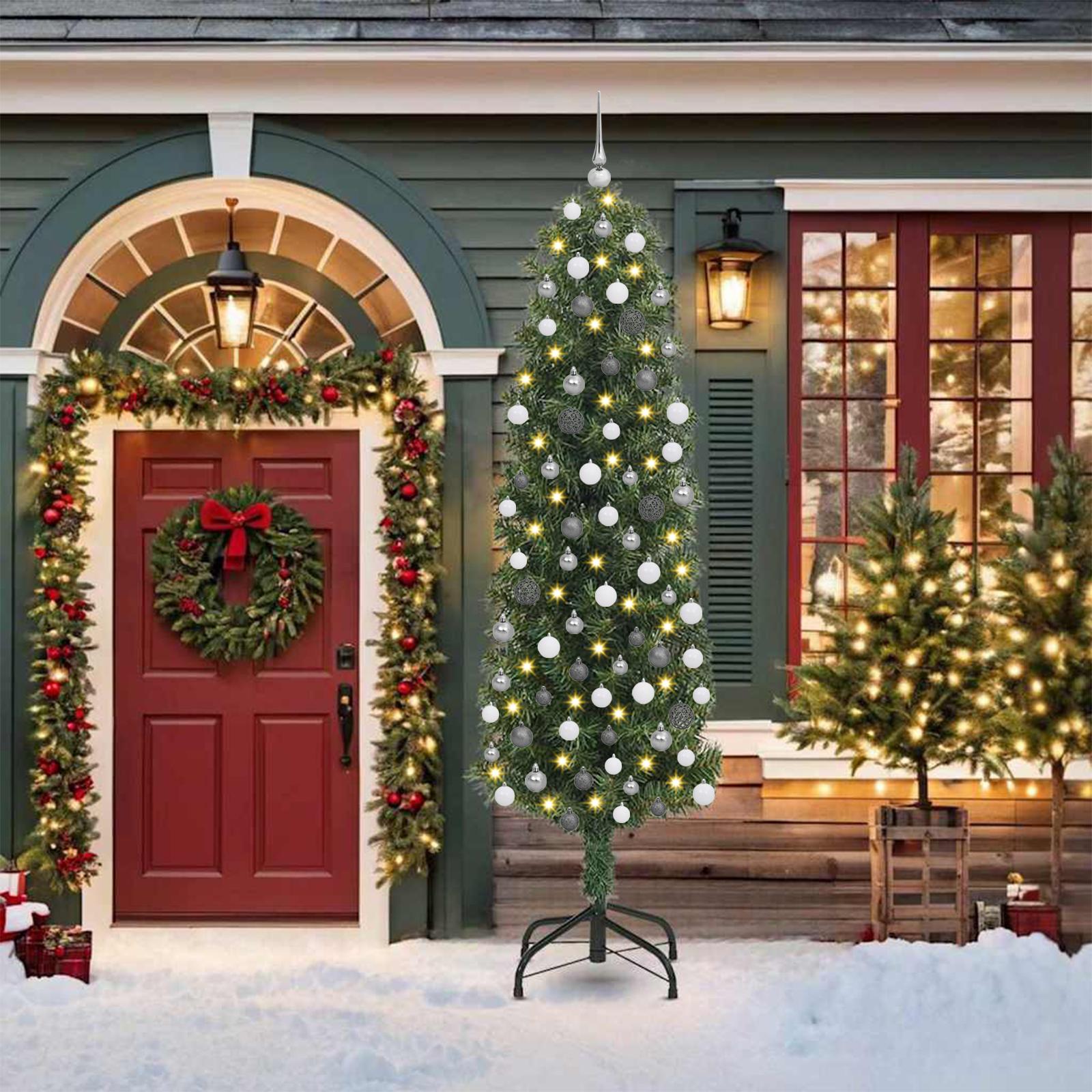 Slankt juletræ 300 LED'er & boldsæt grøn 210 cm