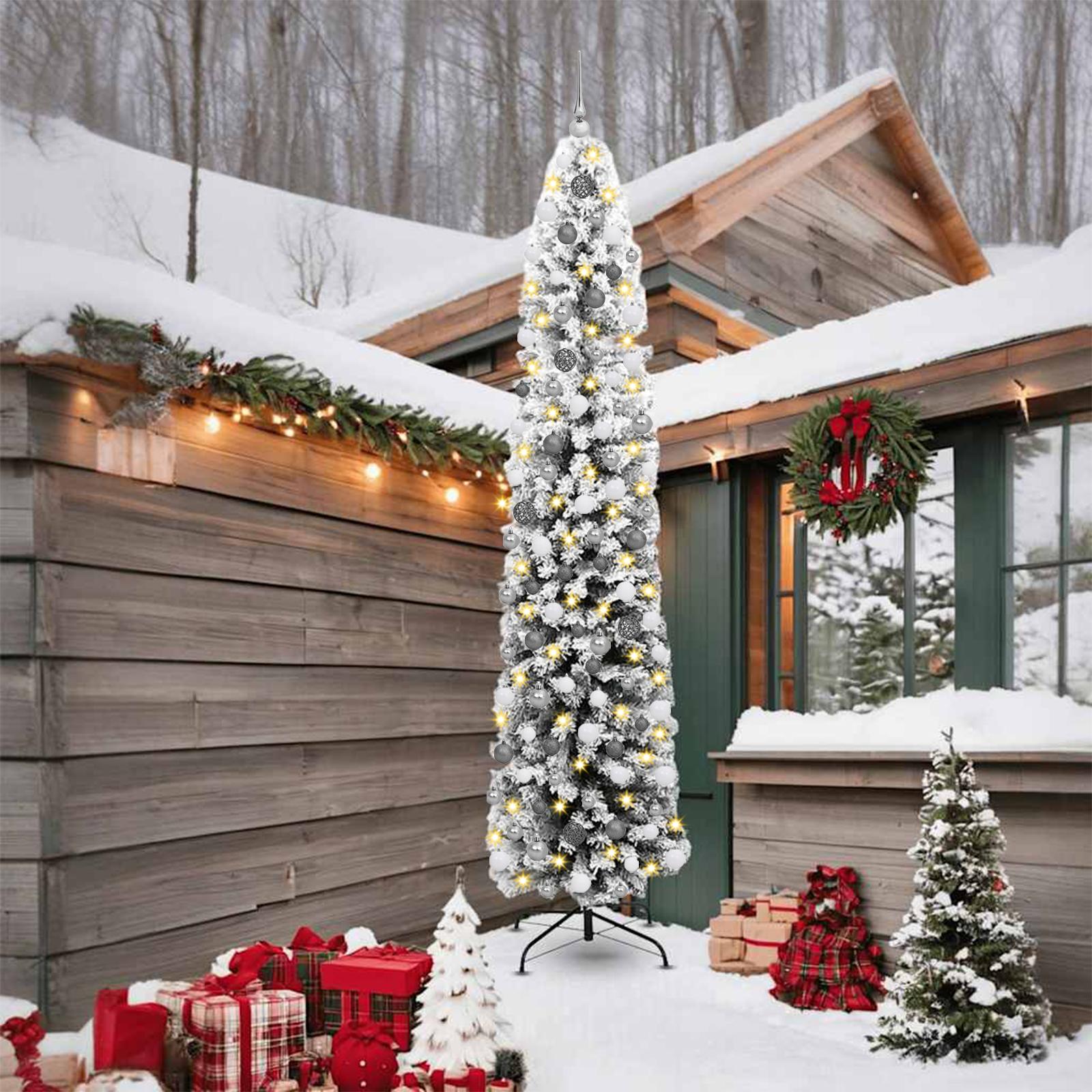 Slank juletræ 300 LEDs & Boldsæt & Frostet sne Grøn 240 cm