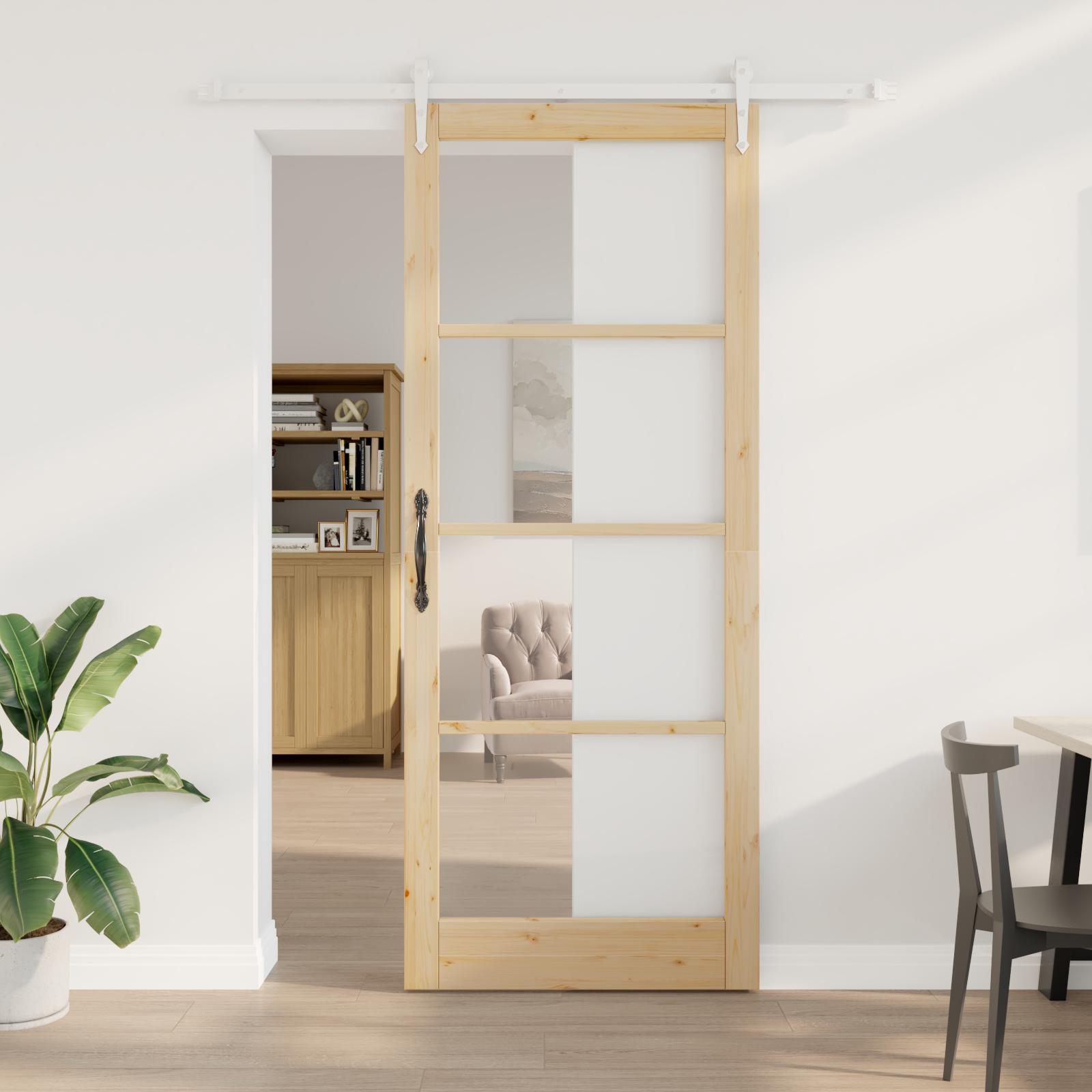 Skydedør naturfarvet 93 × 232 cm i massivt fyrretræ og glas billede