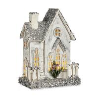 Dekorativ figur Jul Skinne LED Lys Hus 24,5 x 32 x 12 cm Grå Træ Hvid
