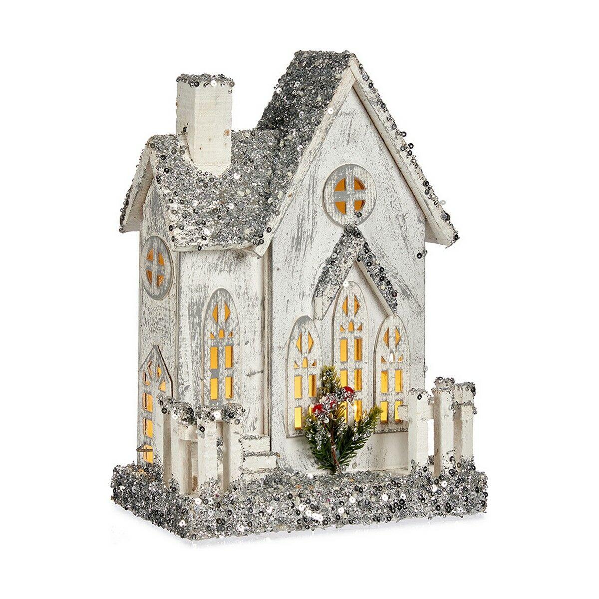 Dekorativ figur Jul Skinne LED Lys Hus 24,5 x 32 x 12 cm Grå Træ Hvid