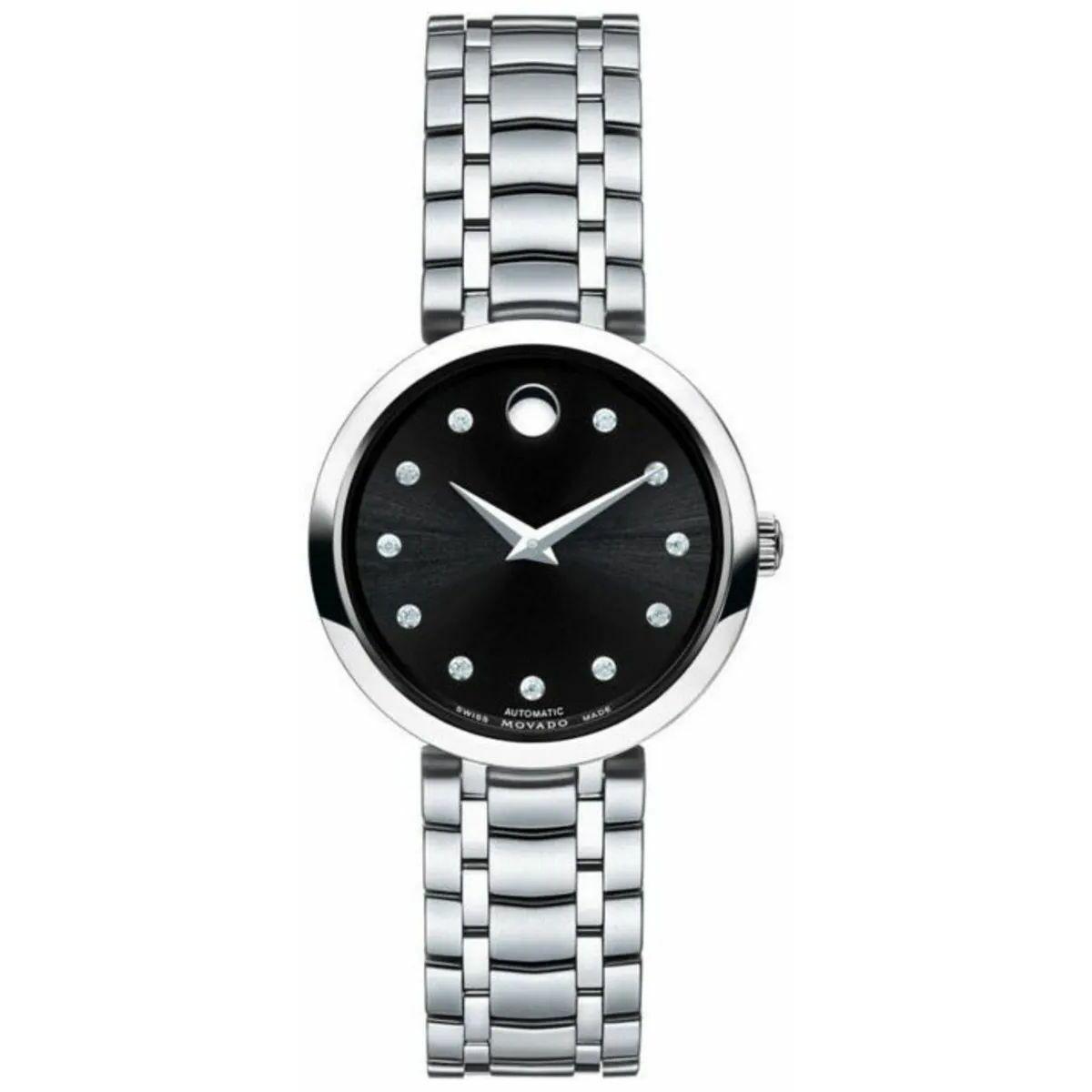 Movado Dameur 0606919 - automatisk armbåndsur i stål, sort skive