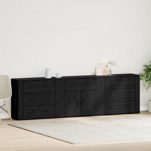 Sideboards 3 stk Sort egetræ Konstrueret træ