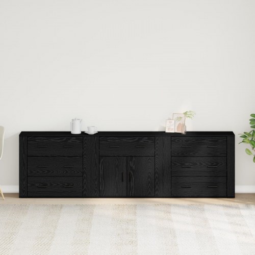 Sideboards 3 stk Sort egetræ Konstrueret træ