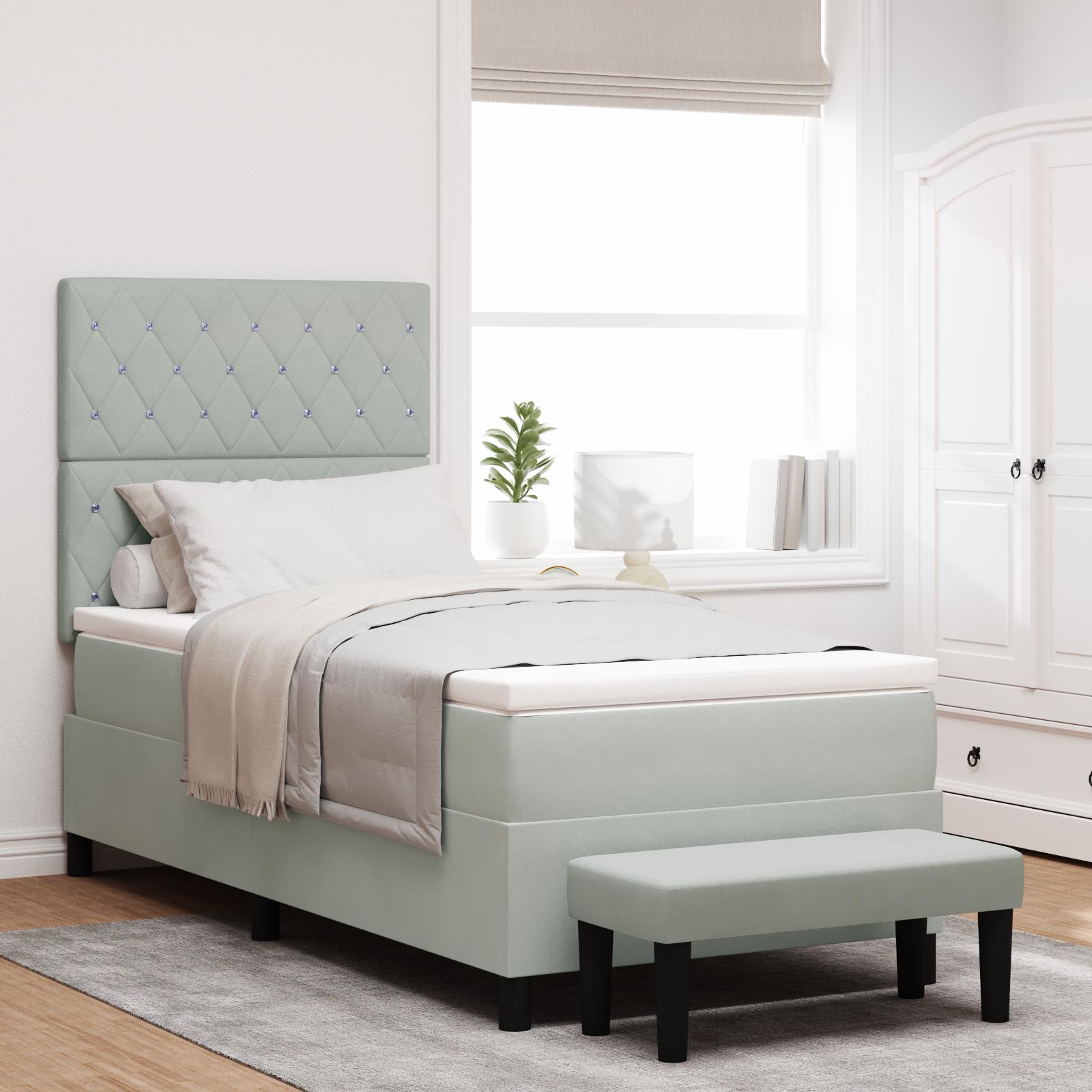 Box Spring Seng med Madras & Bænk Lys Grå 100x200 cm Fløjl