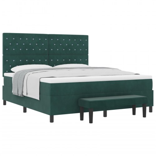 Box Spring Seng med Madras & Bænk Mørkegrøn 180x200 cm Fløjl