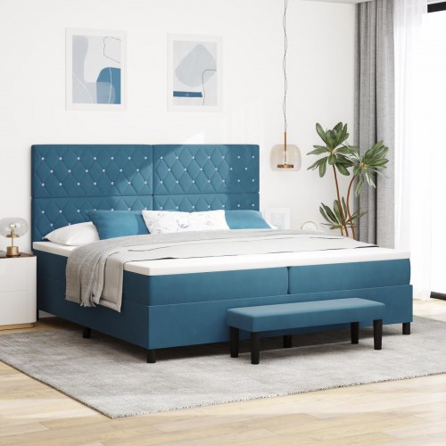 Boxfjeder seng med madras og bænk Mørkeblå 200x200 cm Fløjl